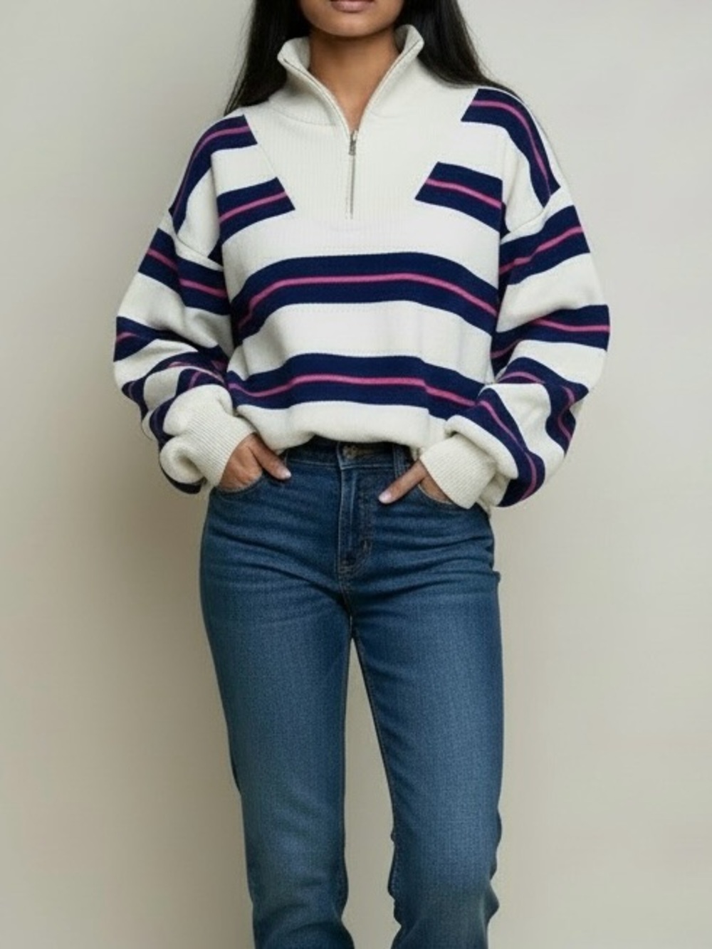 Draper James Striped Quarter-Zip Pullover Sweater - Mariner Stripe / M